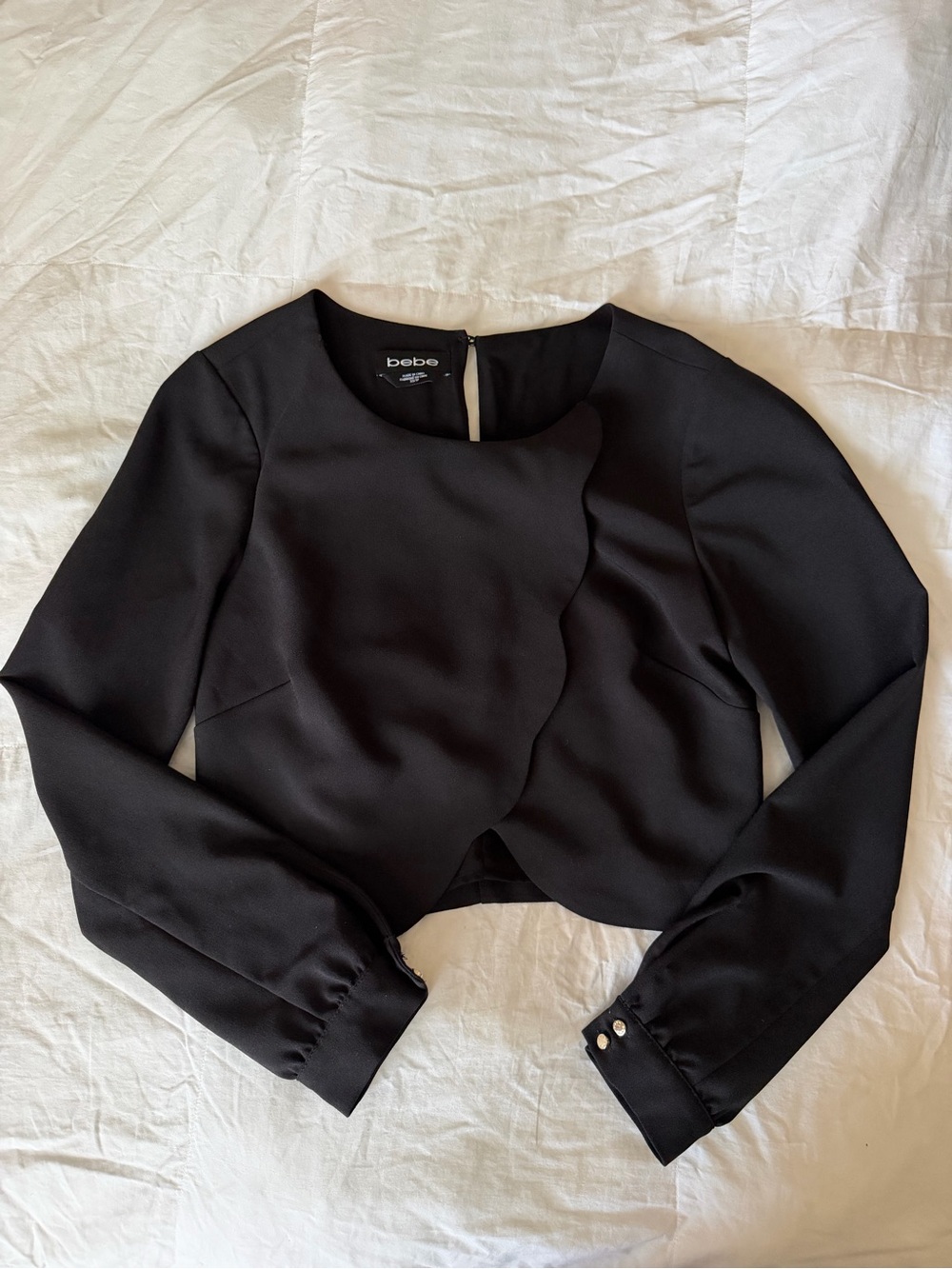 bebe Black Scalloped Cropped Long Sleeve Top
